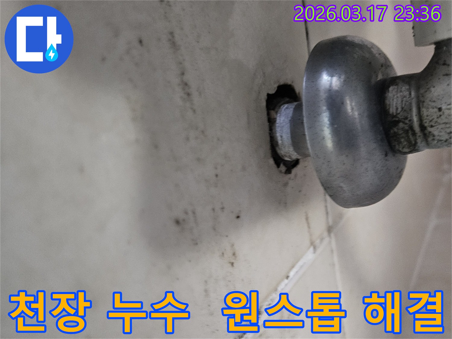 천장-배관에서-발생한-누수로-인해-오염된-벽면과-원스톱-해결이-필요한-배관-모습
