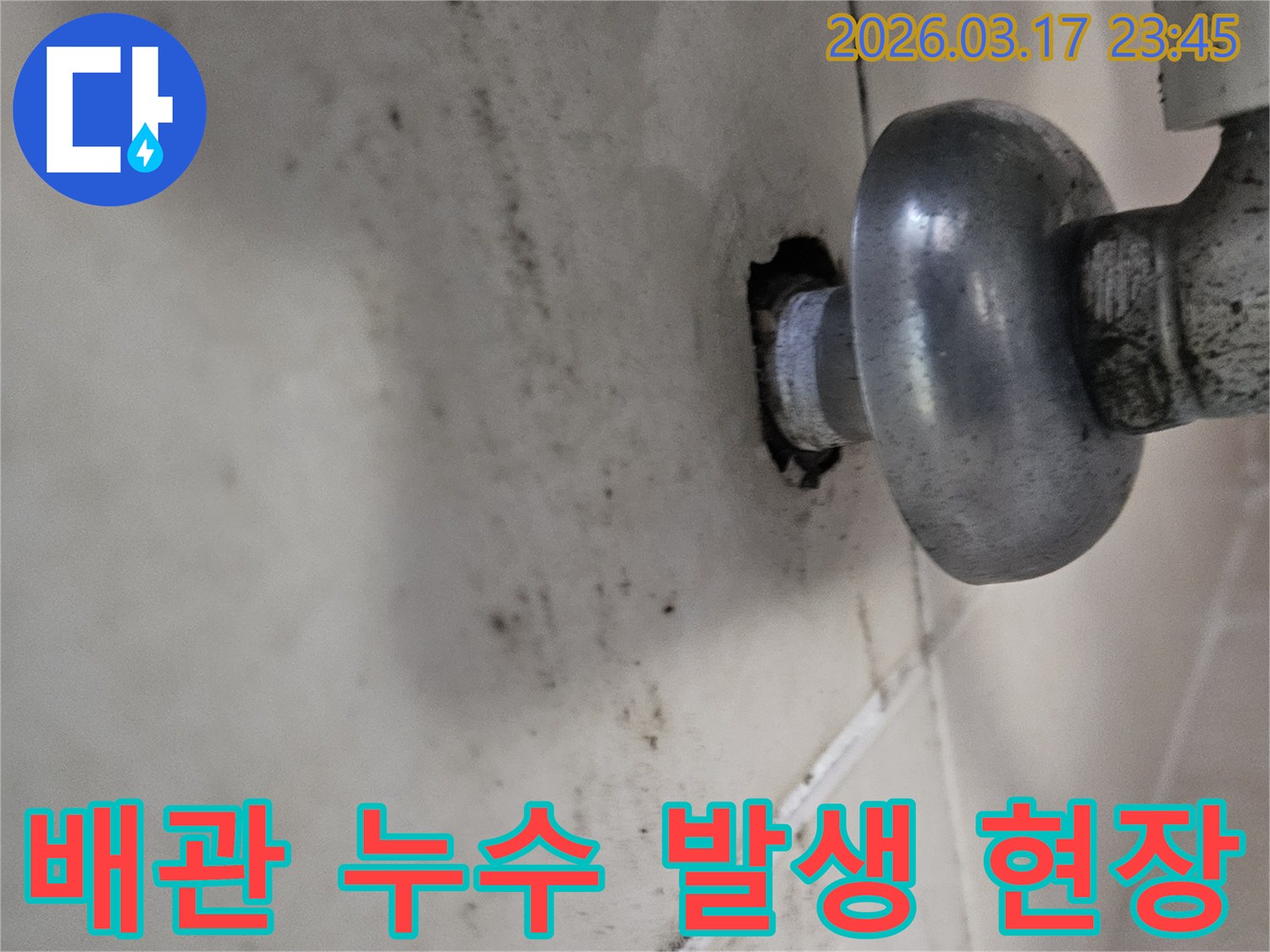 천장 배관에서 발생한 물샘은-주변 타일과 벽면에 심각한 오염을 남겼습니다