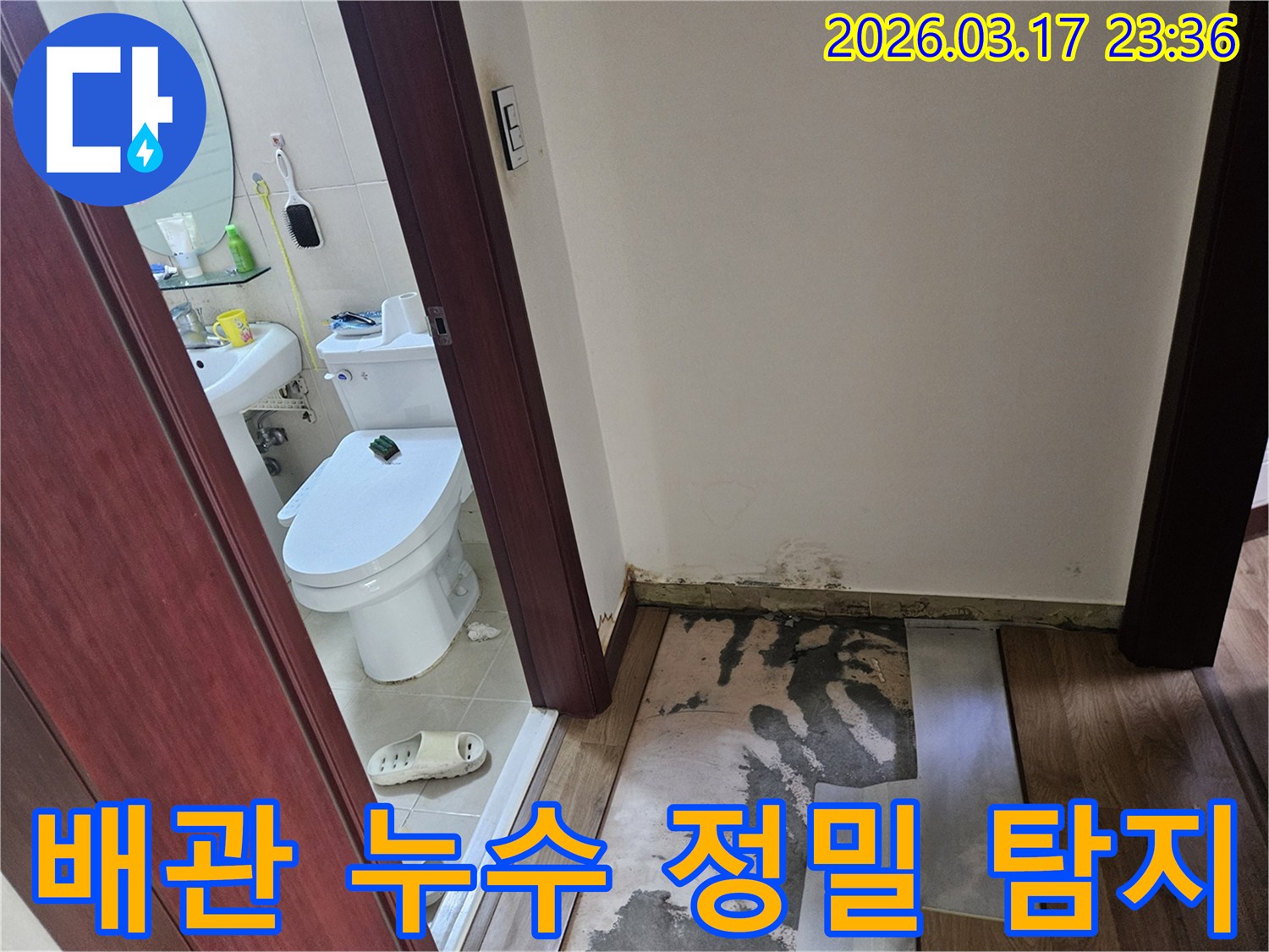 화성 병점 아파트-화장실 입구 바닥과-벽면에 누수로 인한-곰팡이가 발생하여-바닥재가 제거된-현장 사진입니다