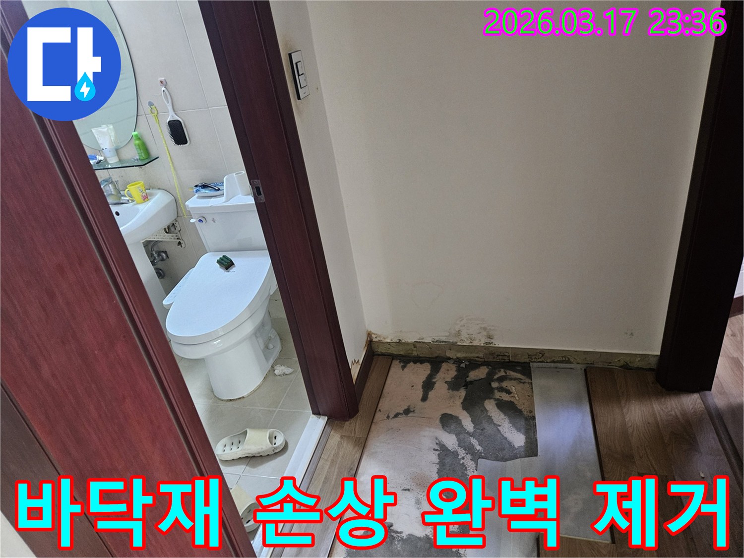 화성 병점 지역-빌라 화장실 입구의-누수로 인해-바닥재가 제거되고-벽면에 곰팡이가 발생한-현장 모습입니다