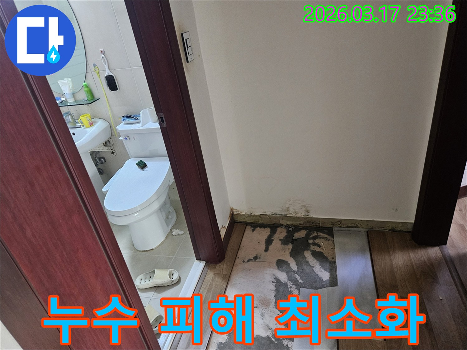 화성-병점 지역 상가의-화장실 문턱 주변에-누수로 인해-바닥재가 손상되고-곰팡이가 발생한-현장 사진입니다