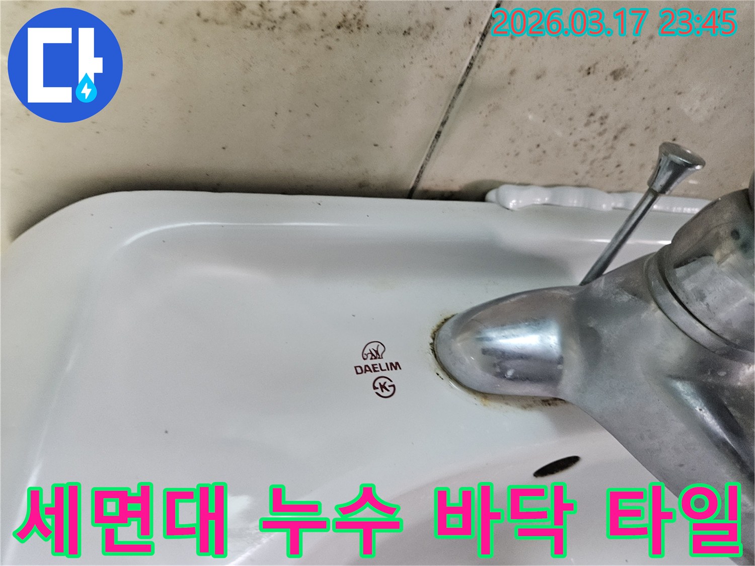 화성 병점동 아파트 욕실의 대림 세면대와-수도꼭지 주변에 발생한 곰팡이와 물샘 흔적이-바닥 타일 들뜸 현상 해결이 필요한 현장을 보여주는 사진입니다.