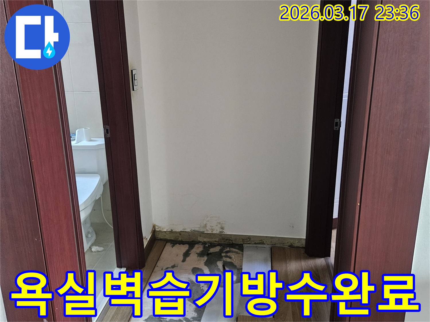 화성시 누수 현장에서-욕실 벽면 습기와 곰팡이를 제거하고-방수를 재시공하기 위해-벽을 개방한 모습입니다.