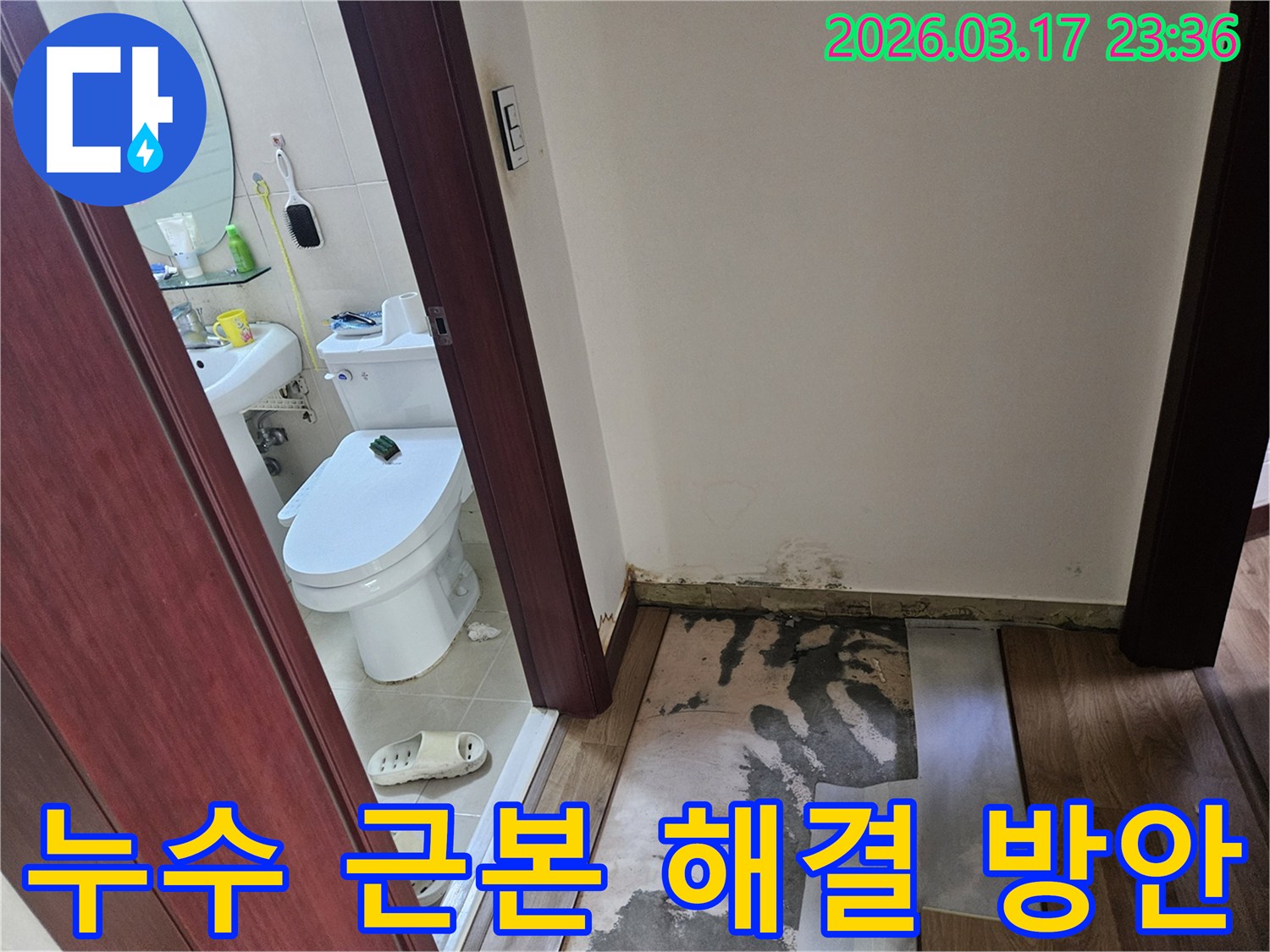 화장실 문 앞 바닥에-발생한 누수로 인해-벽면 하단에-곰팡이가 피어난-현장 사진입니다