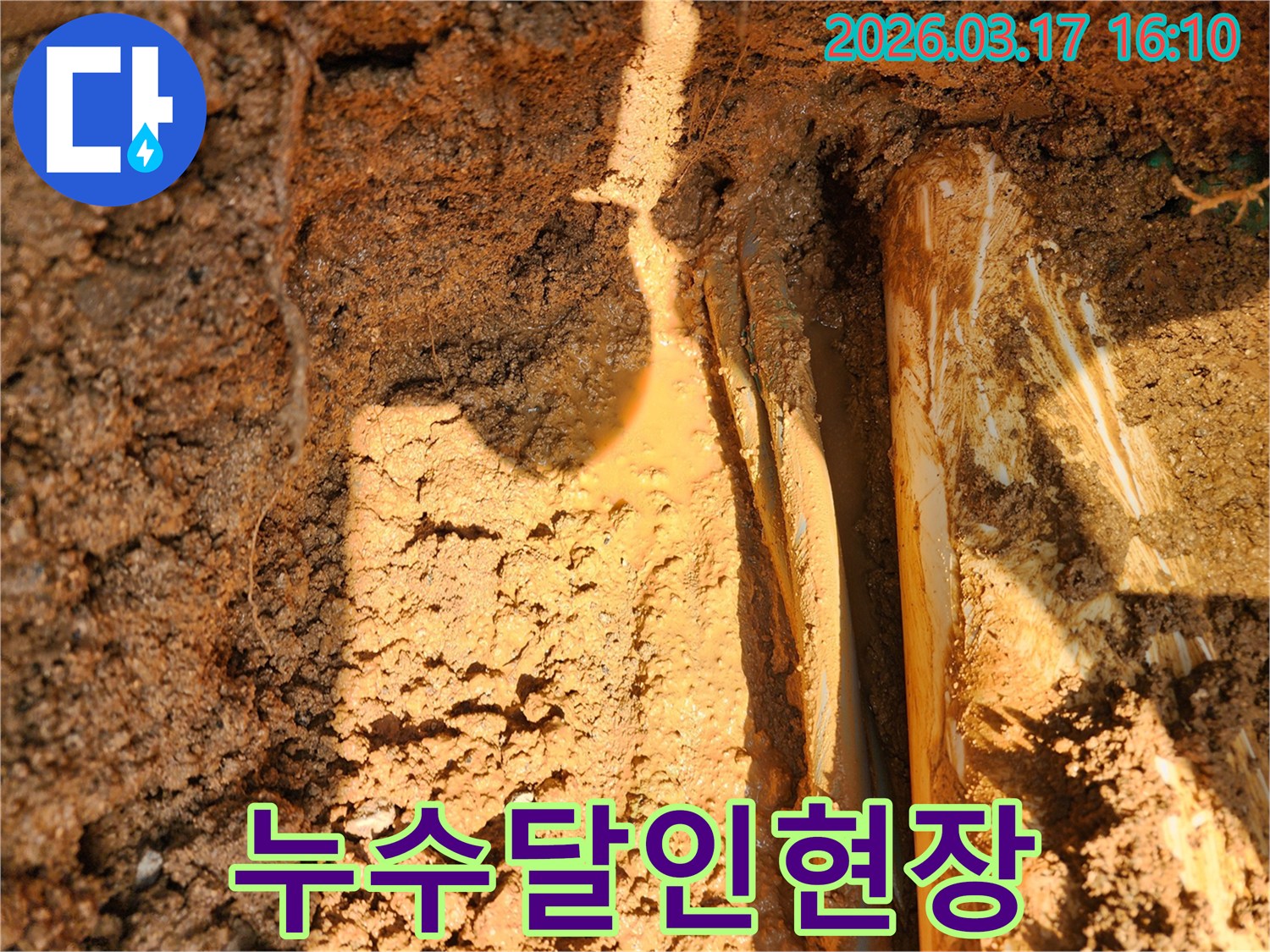 흙속에-묻힌-배관에서-물이-새어나와-주변-흙이-젖어있는-누수-현장-사진입니다