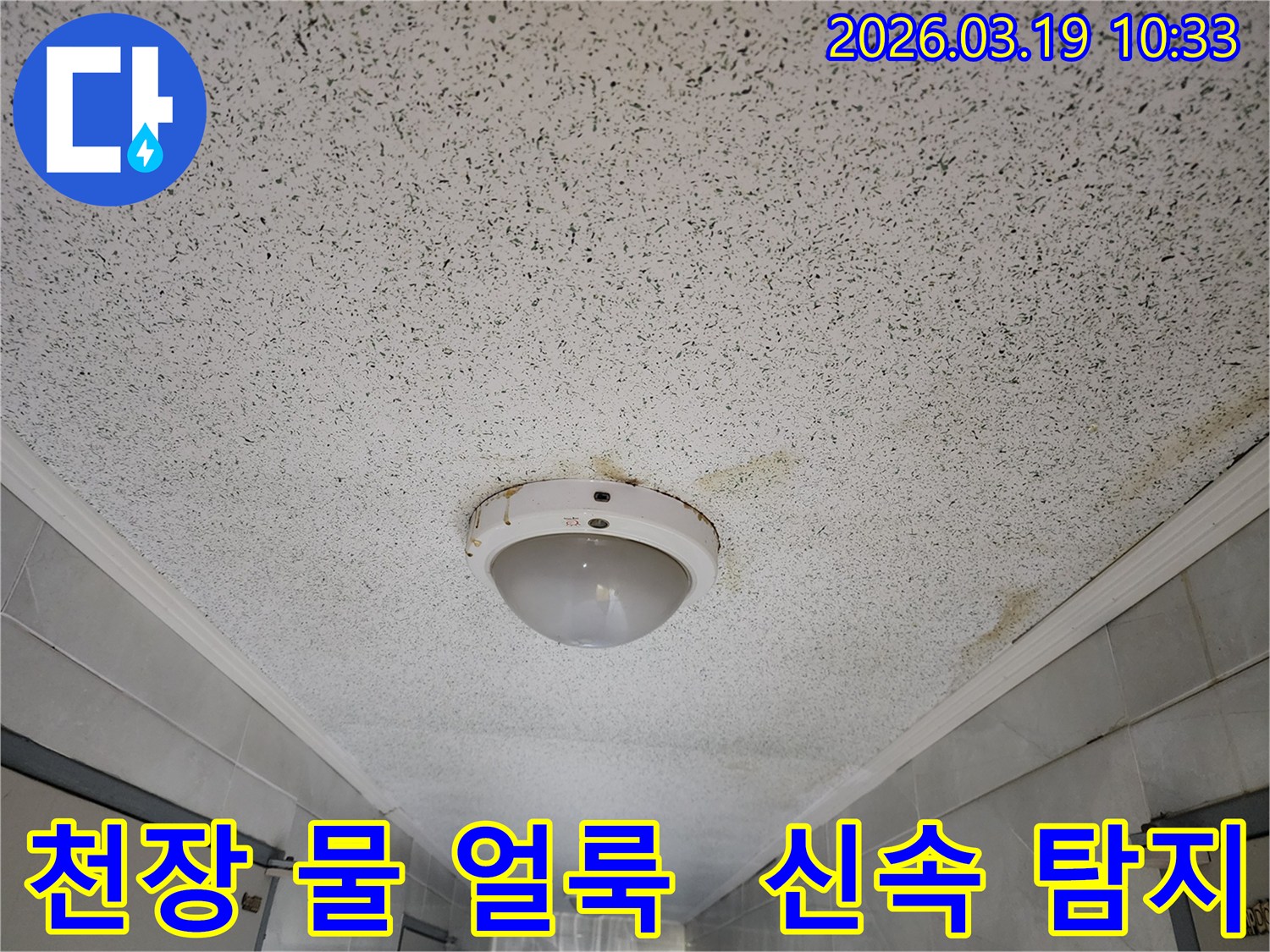 천장 조명 주변에 물이 새어 생긴-누런 얼룩이 보이는-누수 현장 사진-신속한 탐지
