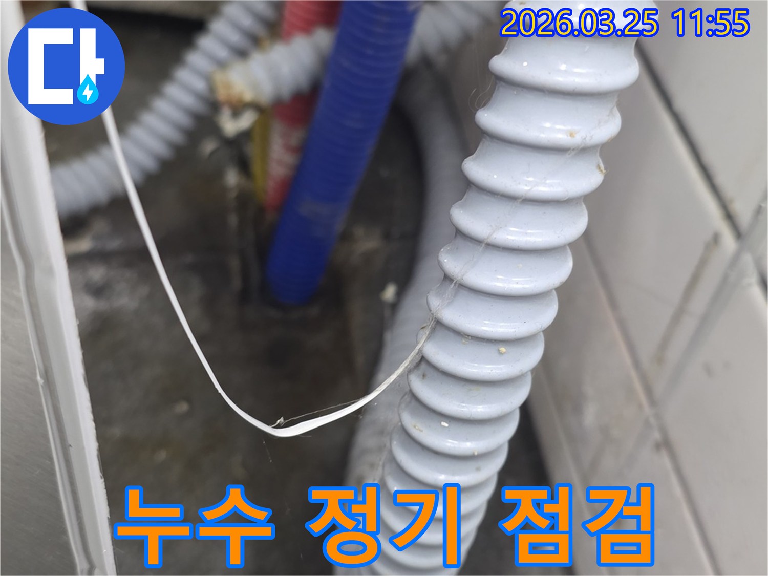 주름진 배수 호스와-빨간색-파란색 수도관 등-복잡한 배관 시스템을-정기적으로 점검하여-누수를 예방하는 모습