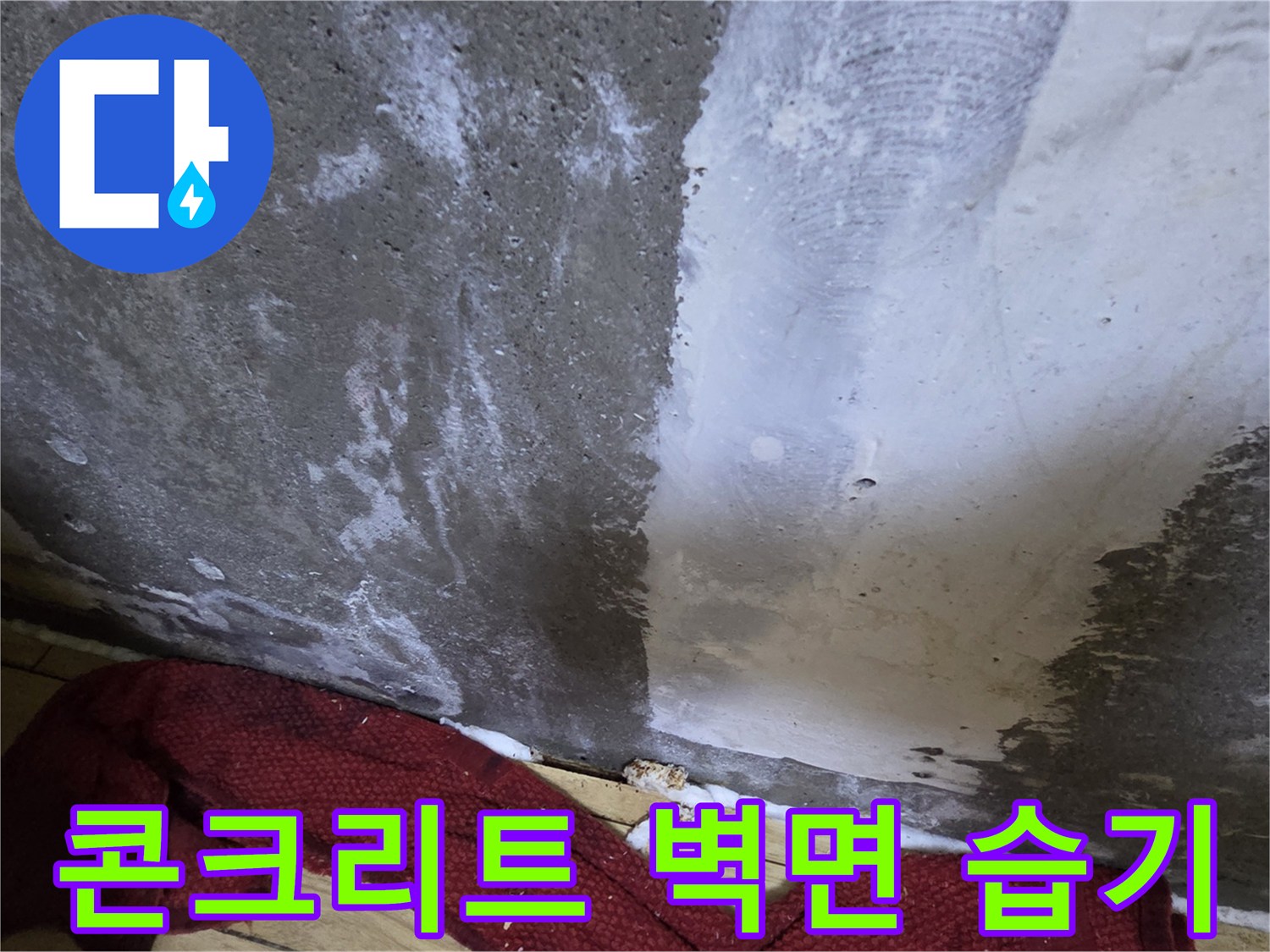 습기로 인해 하얗게 변한-콘크리트 벽면 상태