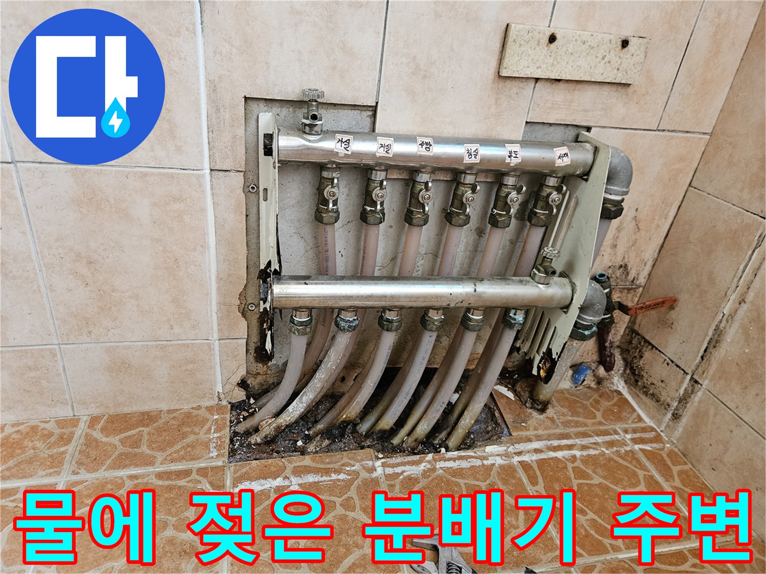용문면 현장-축축하게 젖어 있는 보일러 분배기 하단 연결 부위