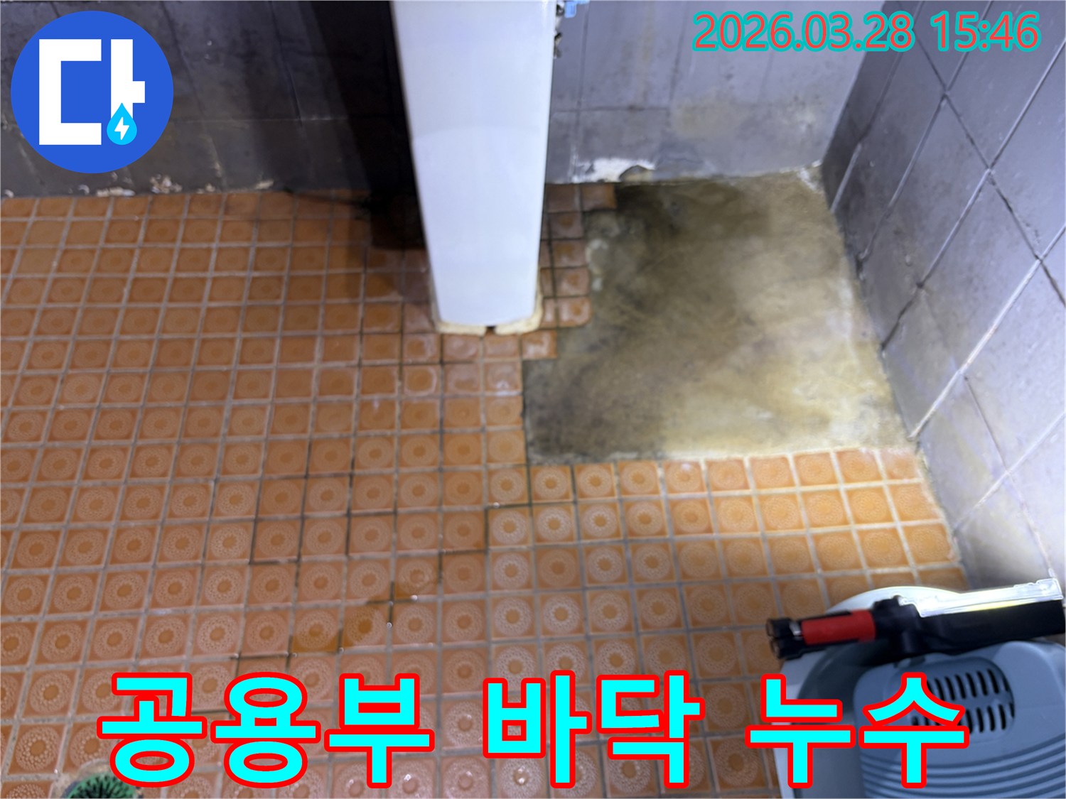 파주-문산-공용부-복도에서-누수-탐지-후-타일을-제거하고-발견된-젖은-바닥-모습