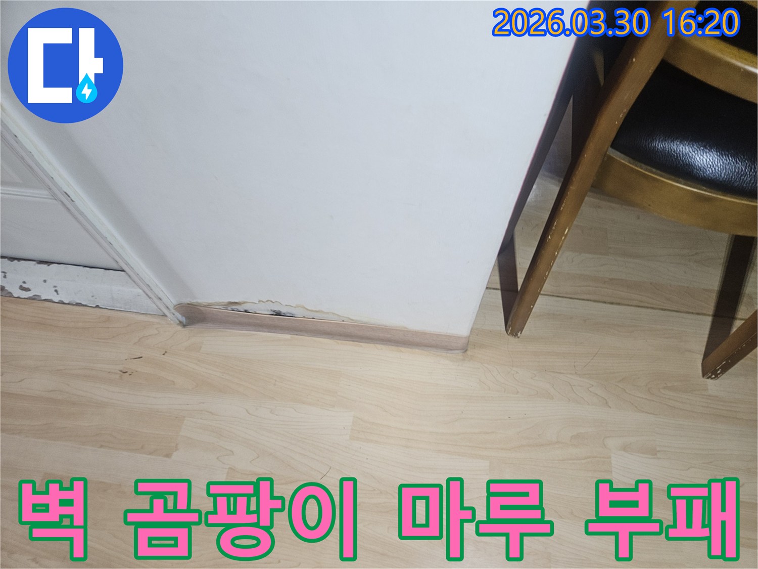 벽면-하단과-마루-경계에서-발견된-누수-손상-흔적을-보여주는-이미지입니다-습기로-인한-변색과-재료의-부패가-뚜렷하게-보입니다.