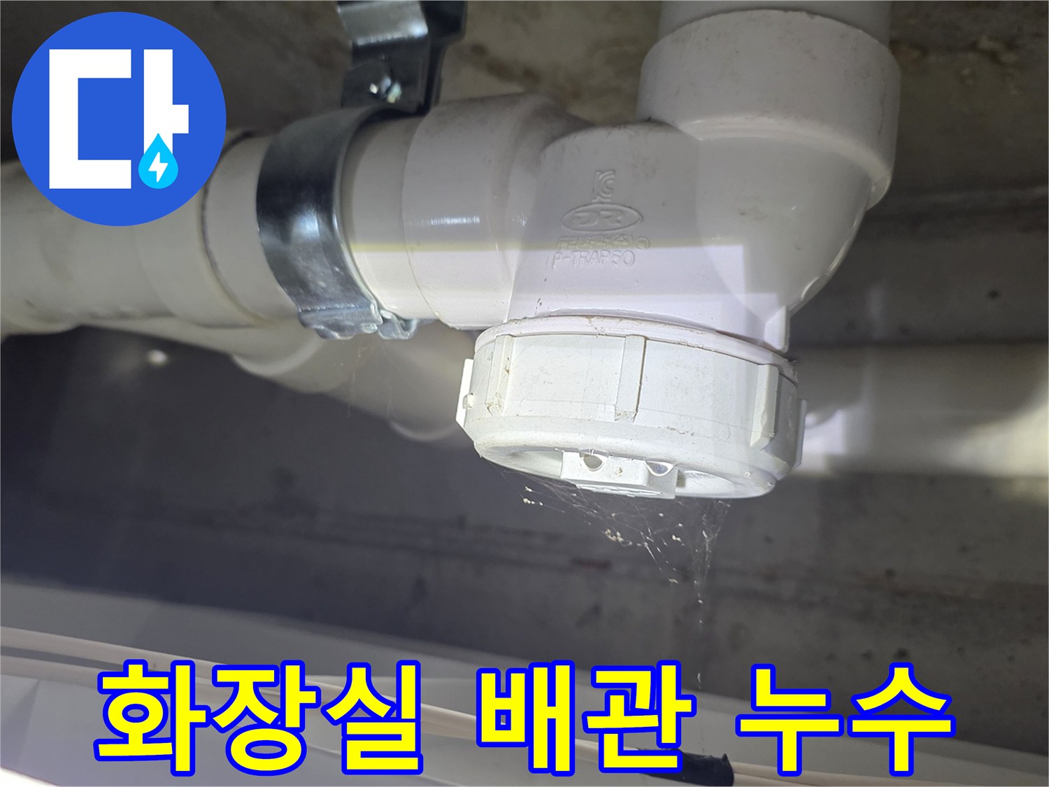 화장실 천장 배관 연결 부위에서 물이 떨어지는 모습