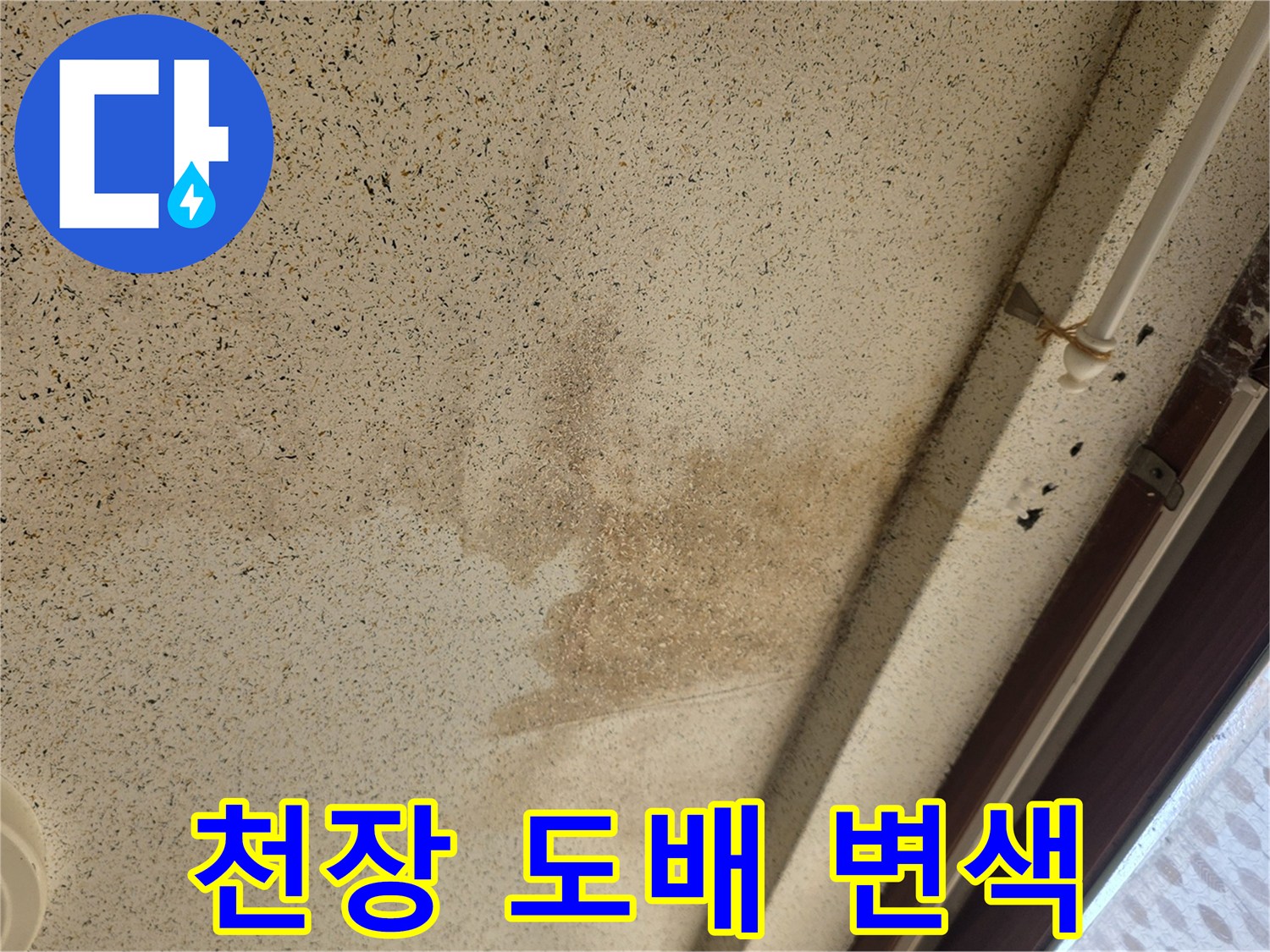 아랫집 거실 천장-물샘으로 인해 갈색으로 변한 도배지 영역