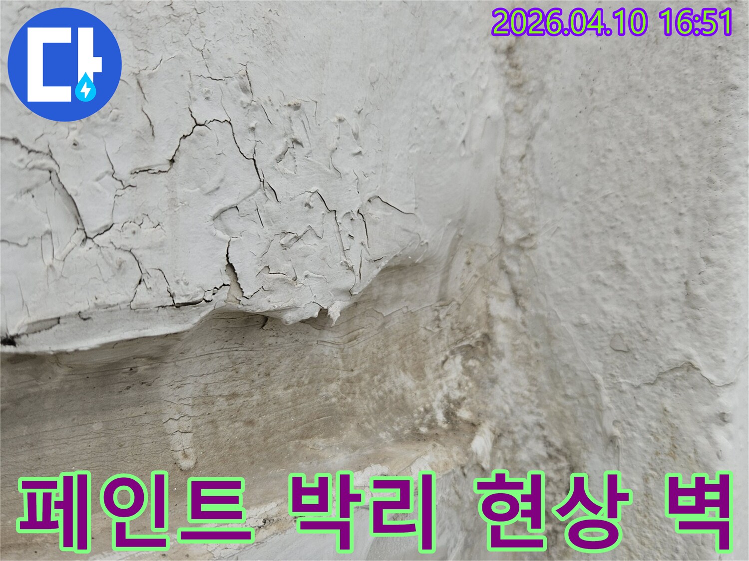 벽에-스며든-물기로-인해-페인트가-벗겨지고-벽면이-손상된-상태입니다