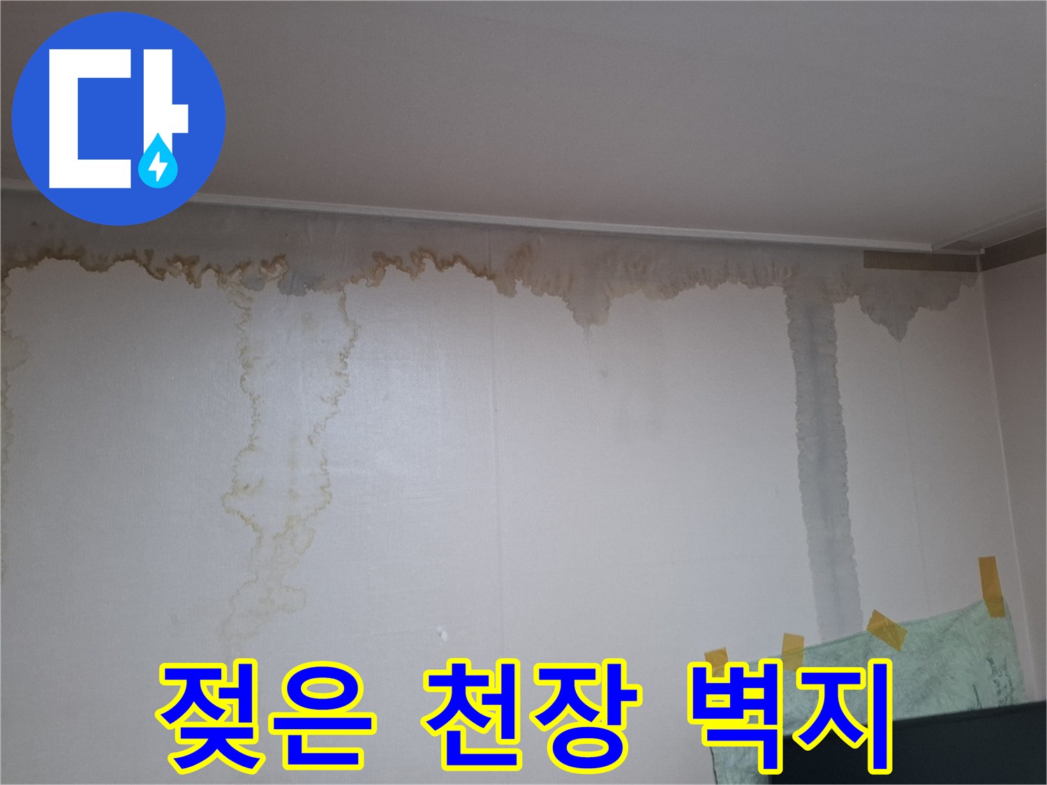 벽면 상단에 퍼진 갈색 누수 얼룩과 젖은 부위