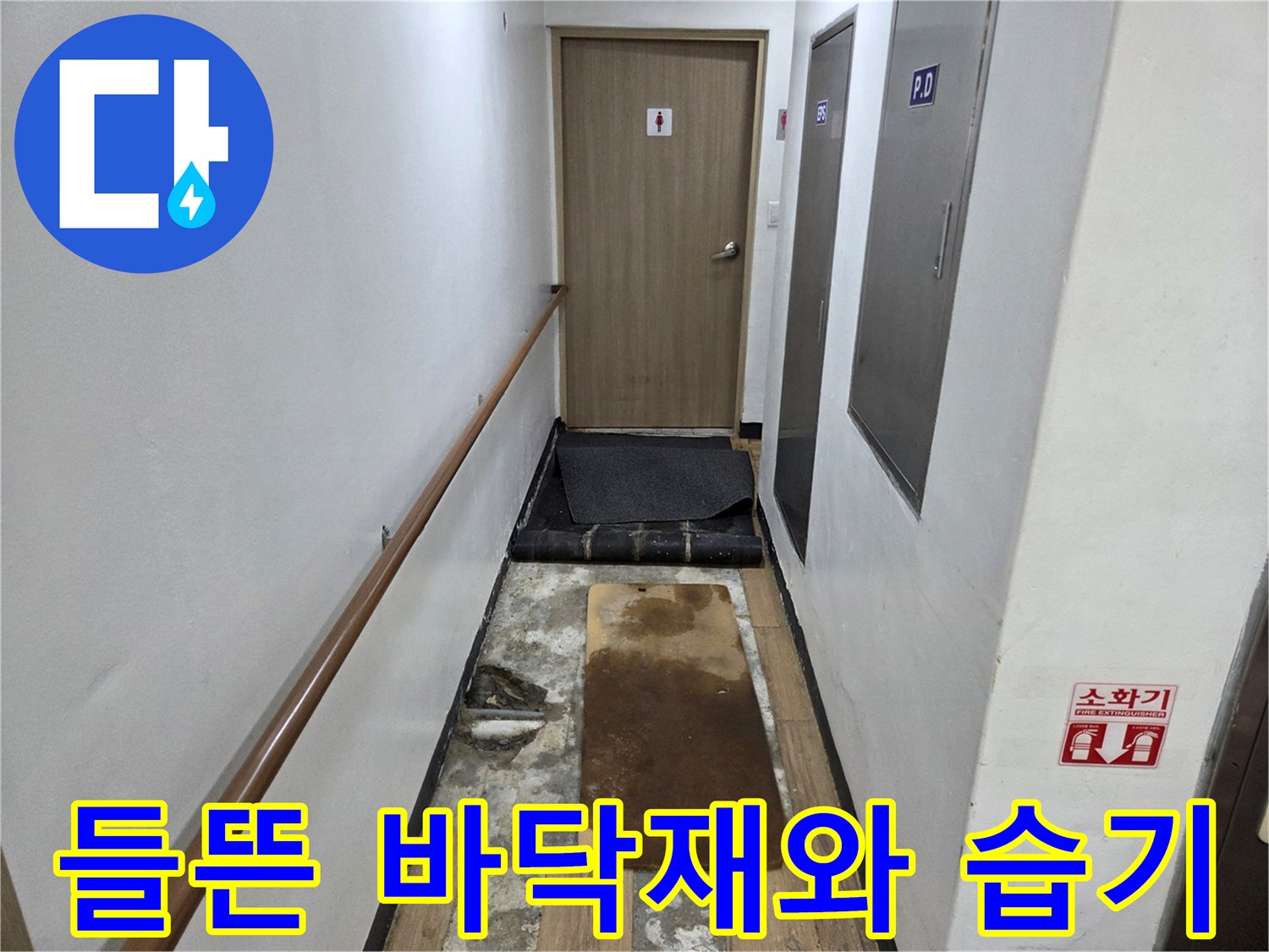 복도 바닥 누수 점검 - 뜯겨진 마감재와 아래쪽의 습한 상태