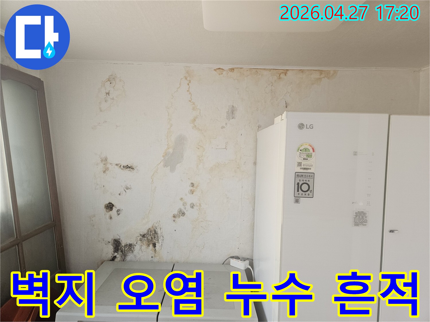 벽면에-발생한-누수로-인한-심각한-벽지-오염과-곰팡이-번식-현장