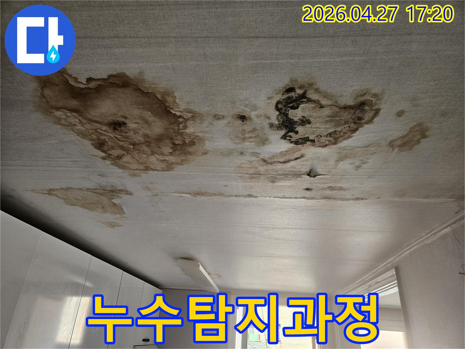 천장 표면에-누수 얼룩이 보이는 현장-누수 탐지 과정을-설명하기 위한 이미지