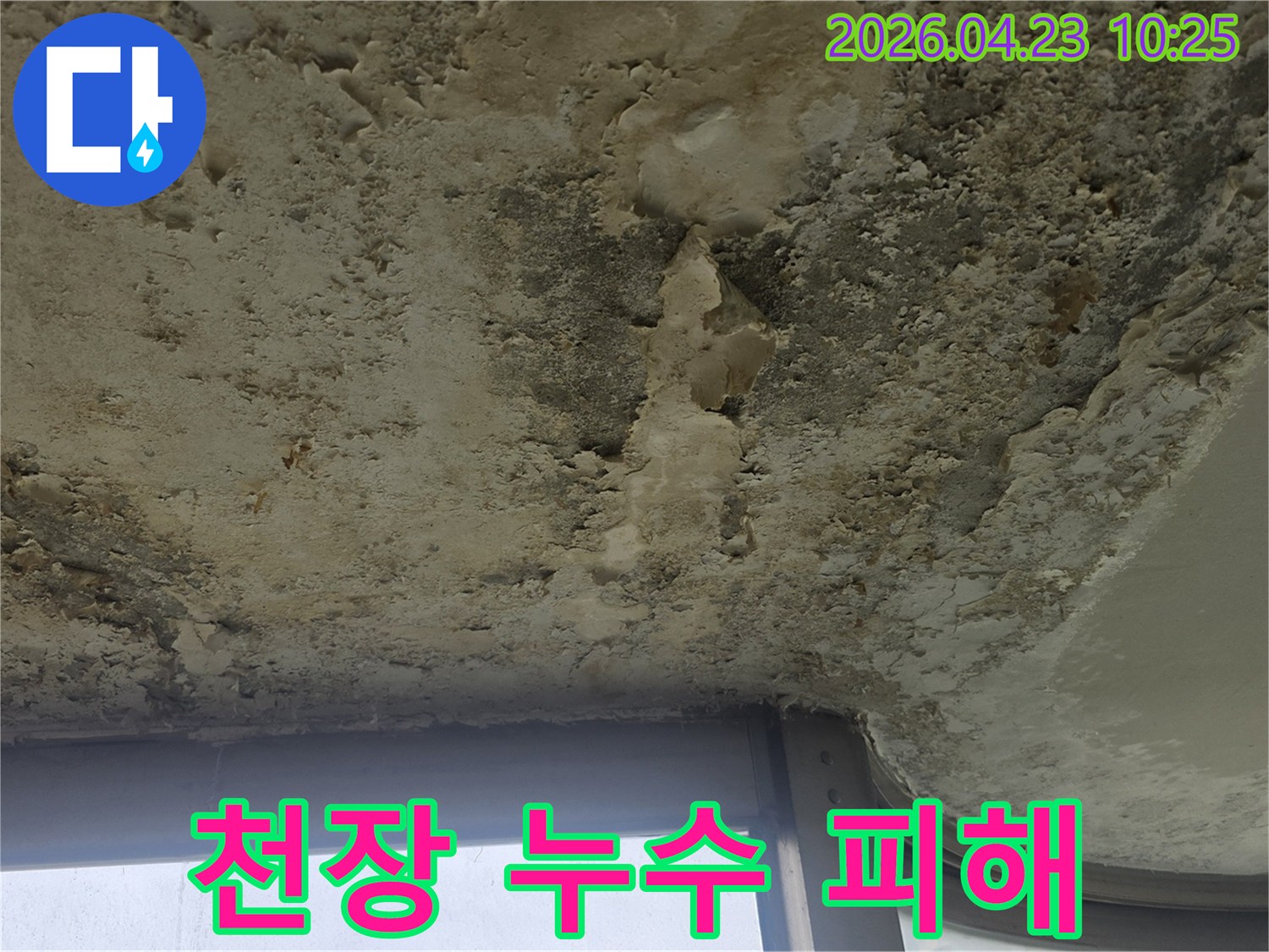 천장 구석에서 시작된 누수가-점점 넓게 퍼져나가며-페인트와 마감재를 훼손시킨 모습