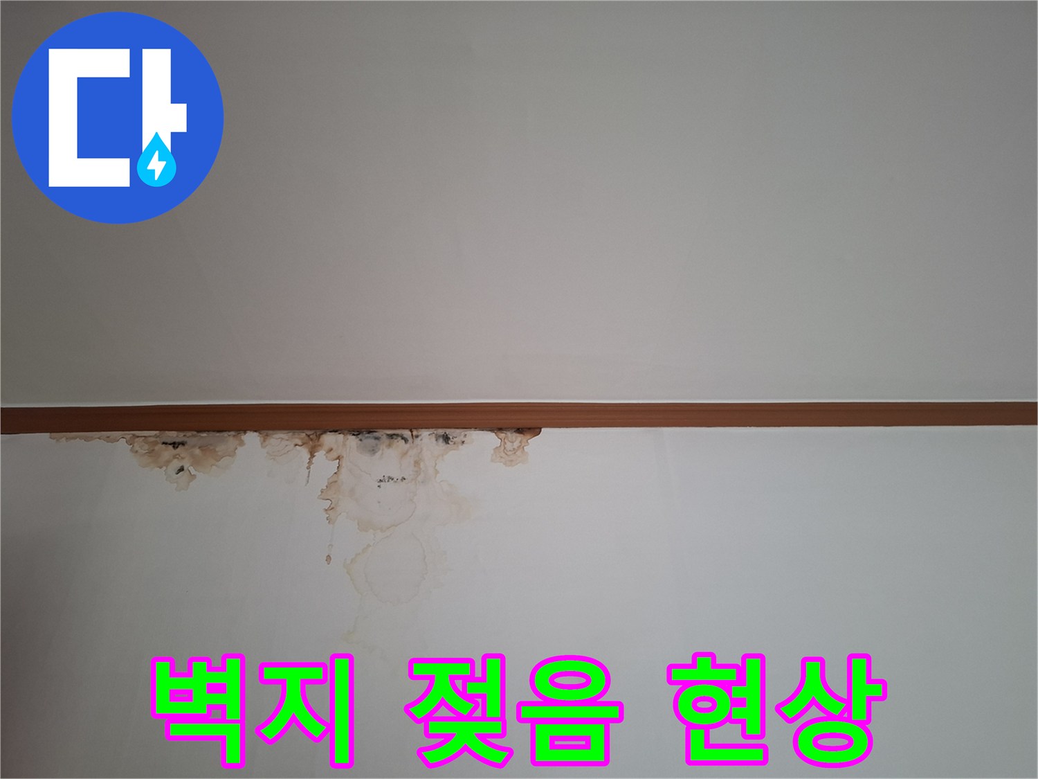 천장-벽지가-물에-젖어-변색된-상태의-사진