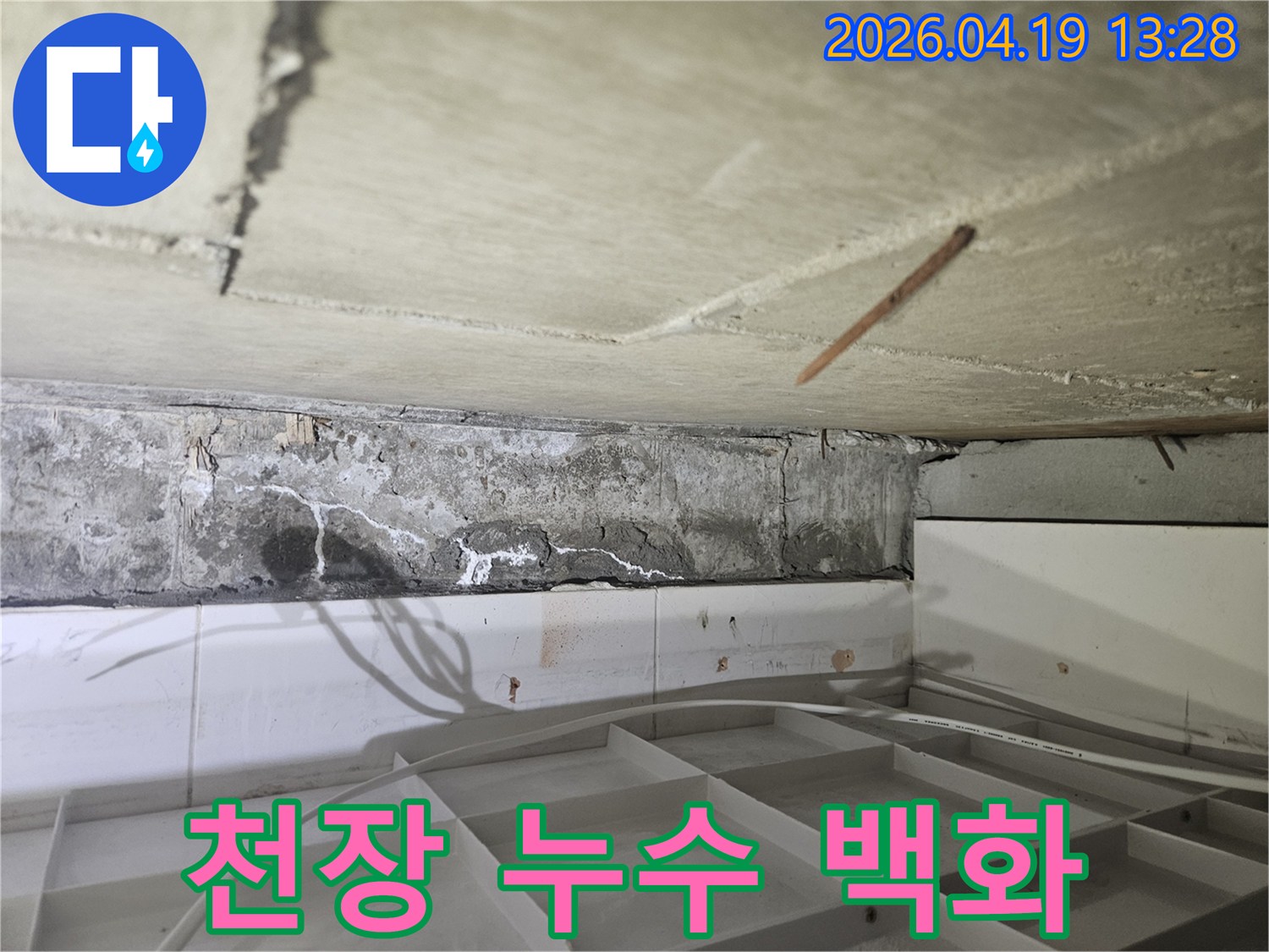 콘크리트 천장-모서리에서-발견된-누수-흔적-백화현상-그리고-균열-모습