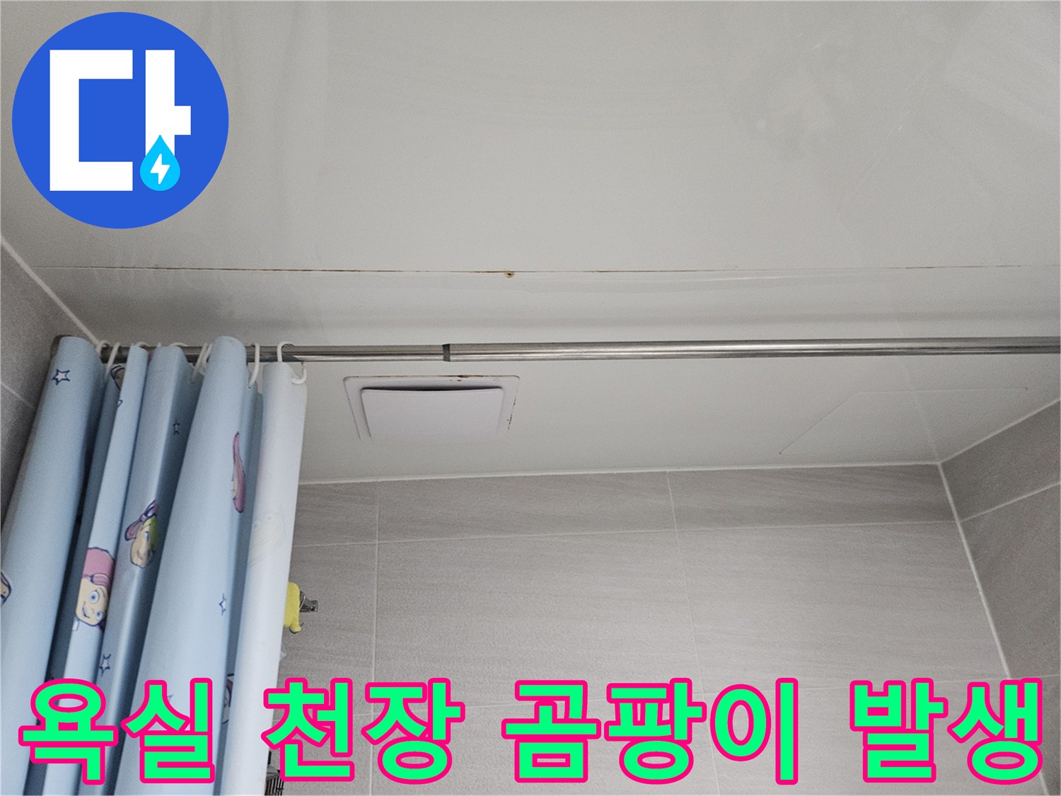 오산 아파트 욕실 천장에 발생한 누수 흔적-곰팡이와 물자국이 보이는 모습