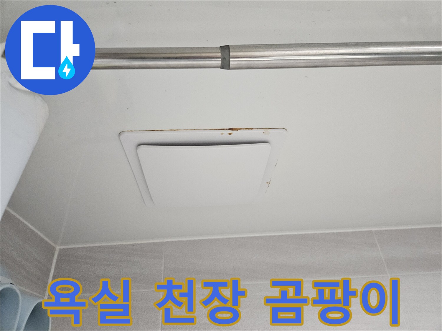 윗집 누수로 인해-아래층 욕실 천장에-생긴 물자국과-곰팡이를 촬영한-모습입니다.