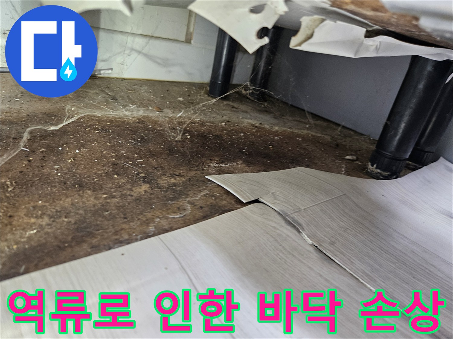 하수구-역류로-인해-바닥재가-심하게-손상되고-오염된-아파트-내부-현장