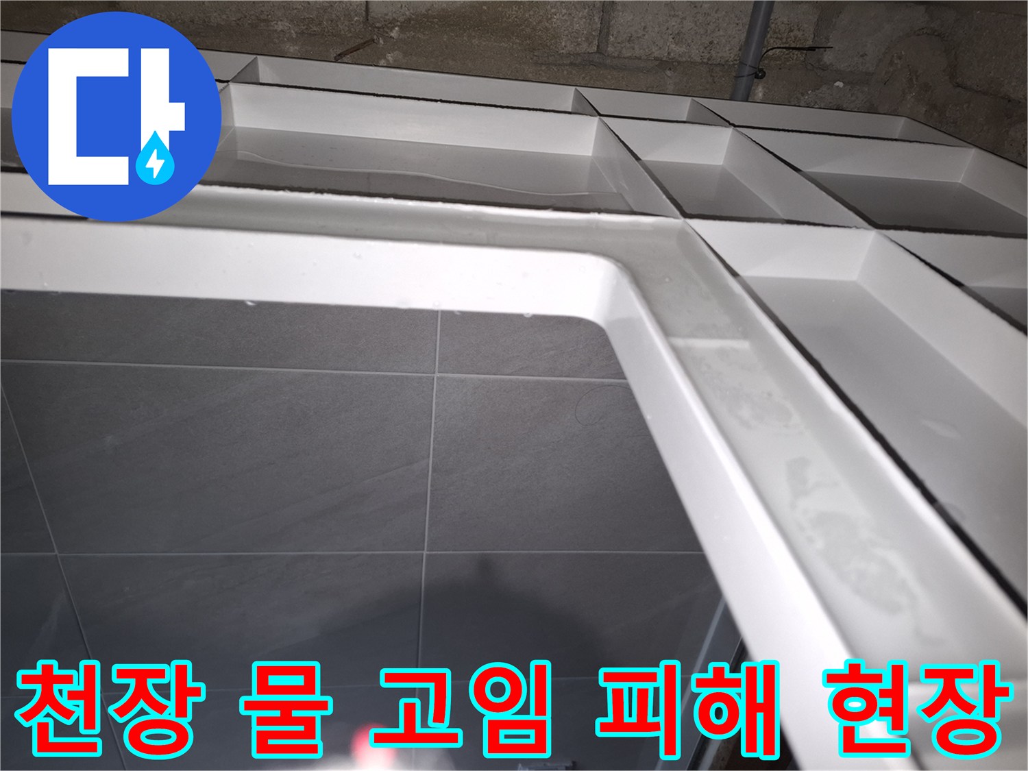 분당 아파트에서 발생한-아랫집 천장 누수로-물이 고여있는 상황을-전문가가 확인하는 모습