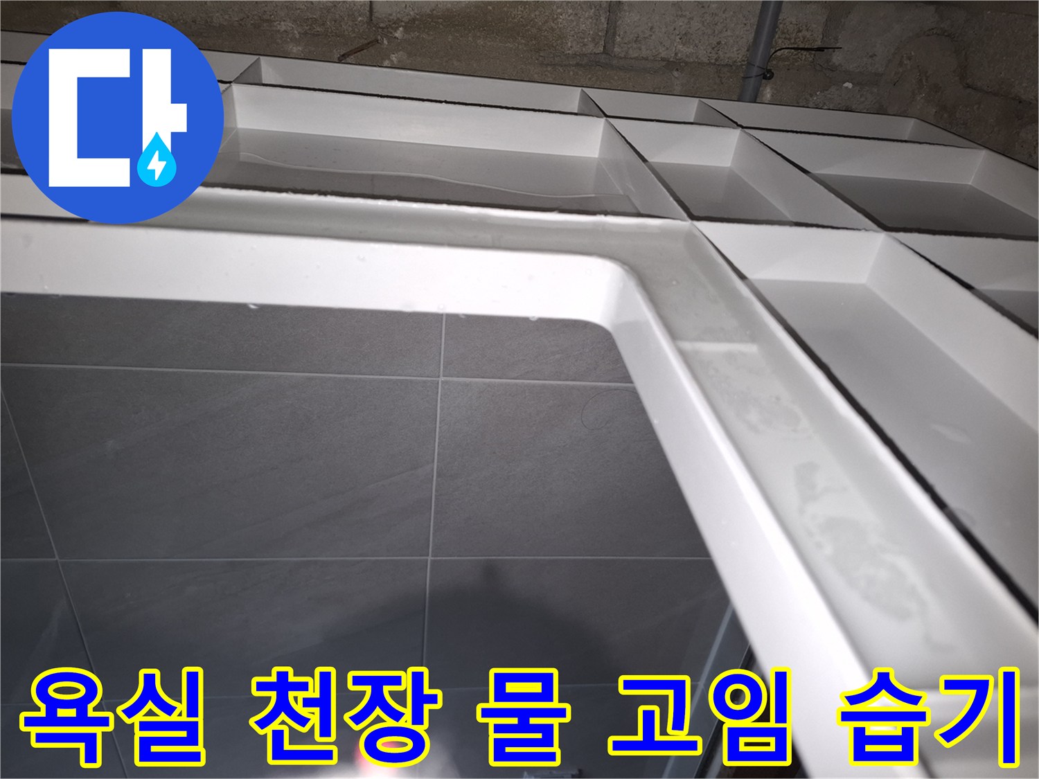 성남 분당 지역의-욕실 천장에서-누수로 인해-물이 고여있는 상태를-면밀히 조사하여-습기 문제를 해결하는 현장 사진