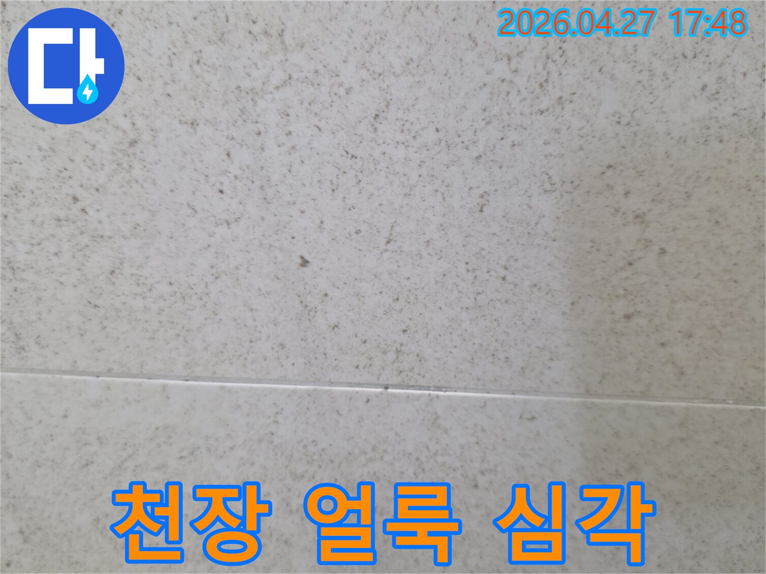 천장 표면에 넓게 퍼진 얼룩과 오염을 보여주는 이미지-누수의 심각성을 시사하는 시각적 증거입니다