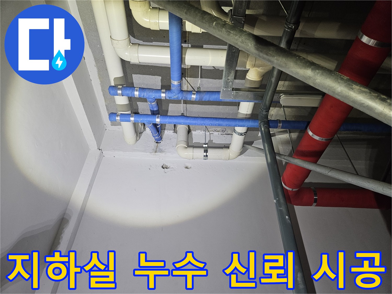 지하실-천장-배관에서-발생한-누수-지점을-확인하고-신뢰할-수-있는-시공을-위해-준비하는-모습