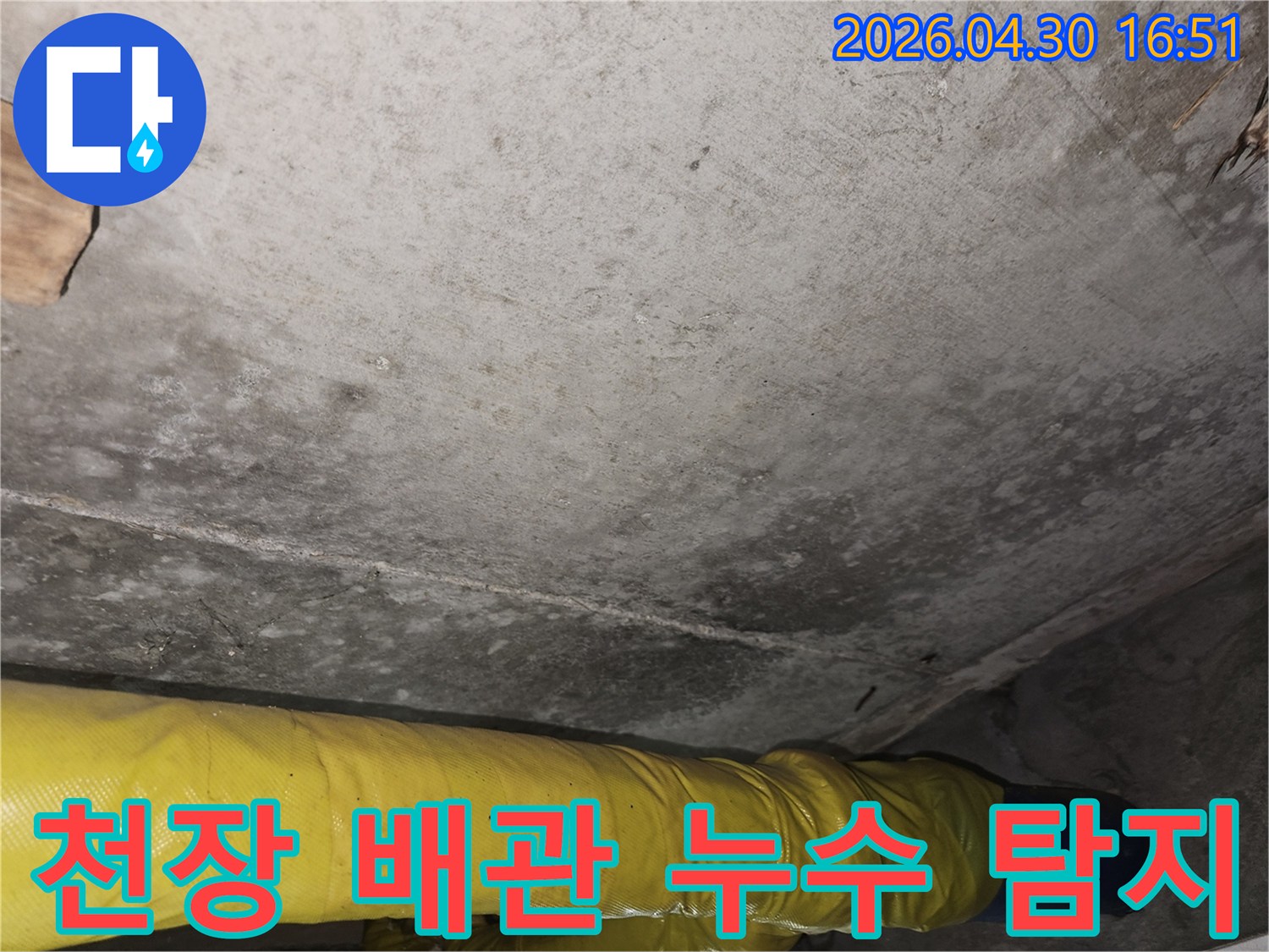 포천 일동면 아파트 천장에서-배관 누수가 의심되는-습기와 곰팡이 흔적을-누수 전문가가-탐지 장비로 확인하는 모습
