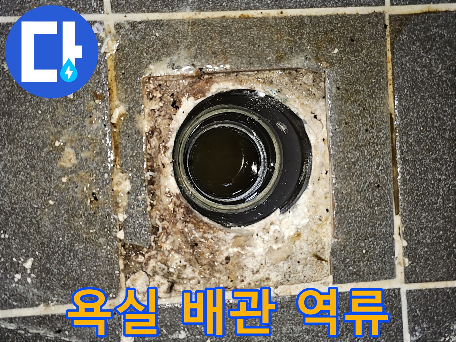 욕실 배관에서 오수가 역류하여-바닥에 고여있는 모습을 보여주는-긴급한 누수 상황의 사진입니다.