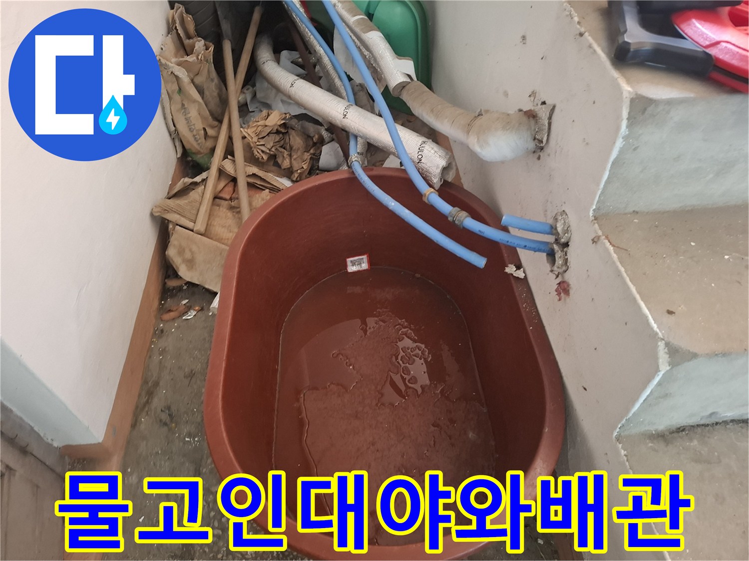 누수 현장에서 물이 고여 있는 대야와 노출된 배관 모습