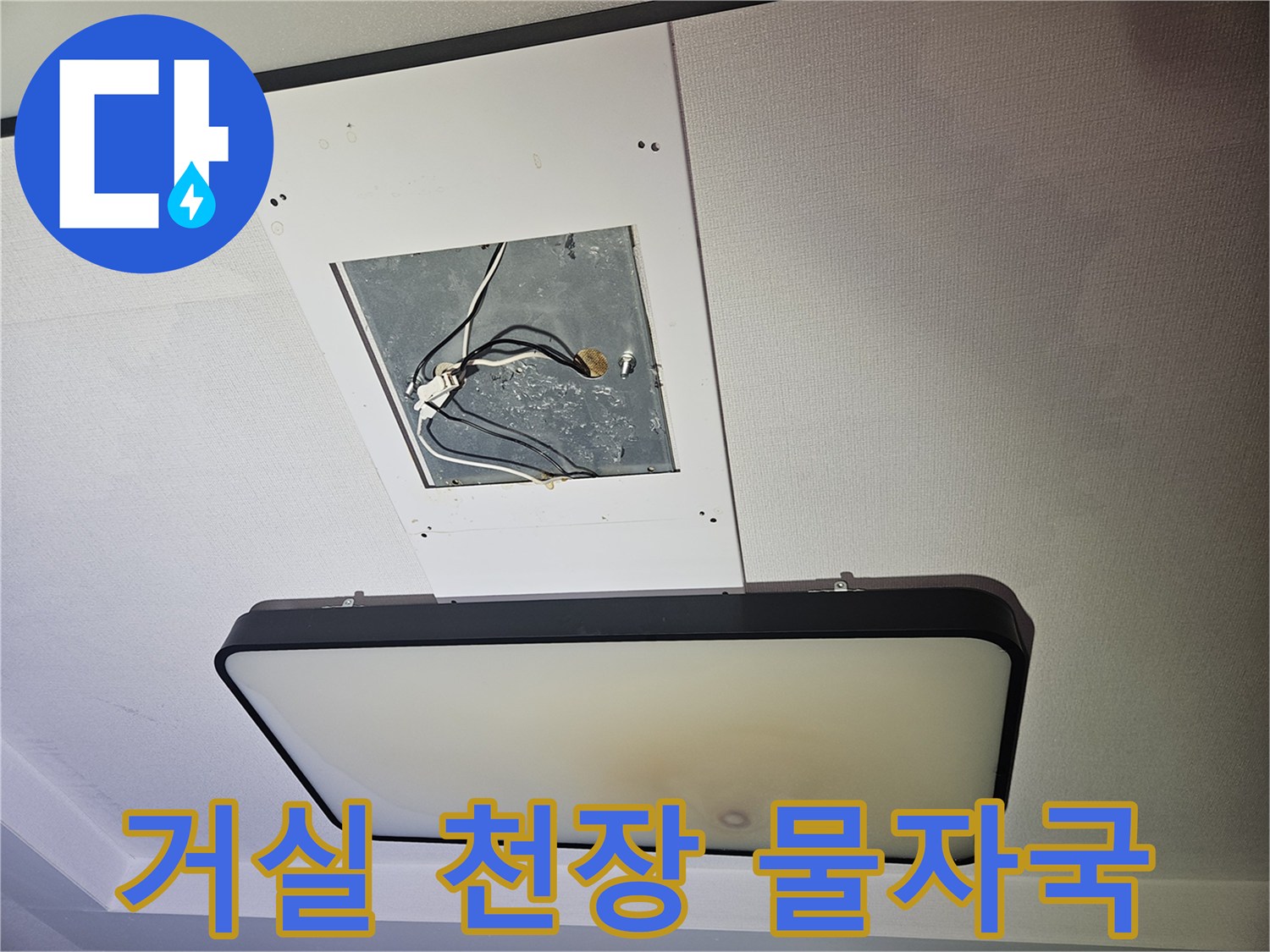 정왕동 아파트-거실 천장 조명 근처의 젖은 흔적과 노출된 전선 상태