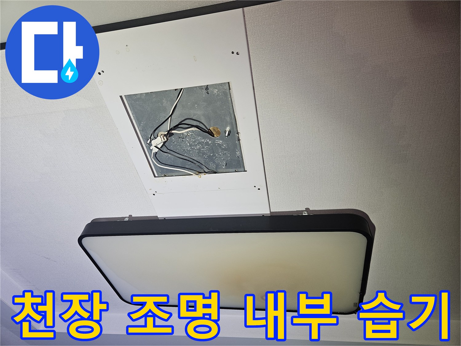 천장 등기구 탈거 후 보이는-젖은 배선과 변색된 천장재