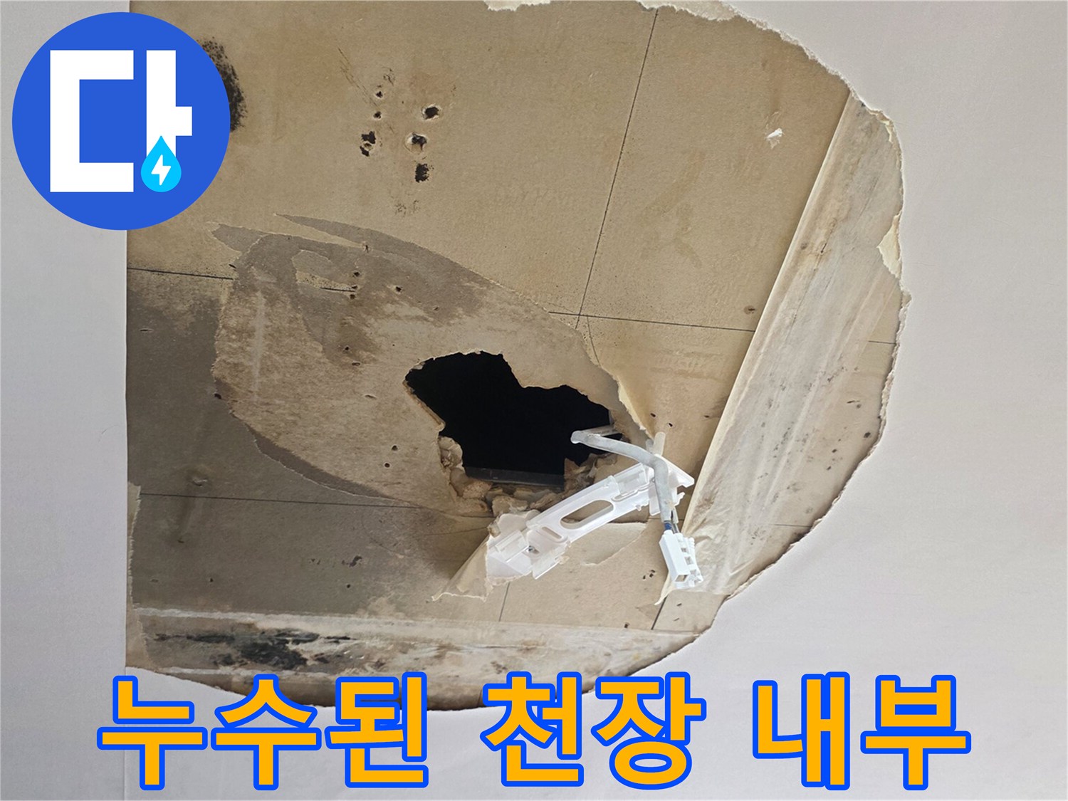 물샘으로 인해 손상되고 변색된 천장 석고보드