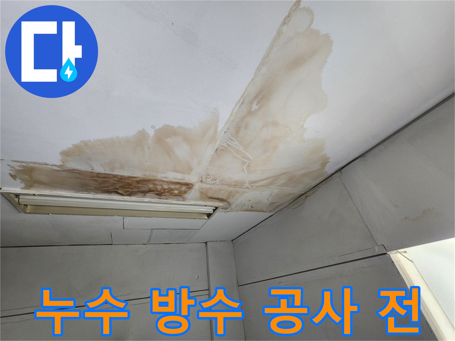 천장 표면에 물이 새어 발생한 갈색 얼룩과 곰팡이가 넓게 퍼져있는-방수 공사 전의 모습