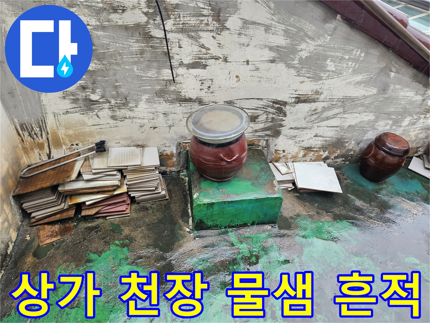 일산동구 상가 천장-물이 번진 얼룩과 젖은 벽면 상태