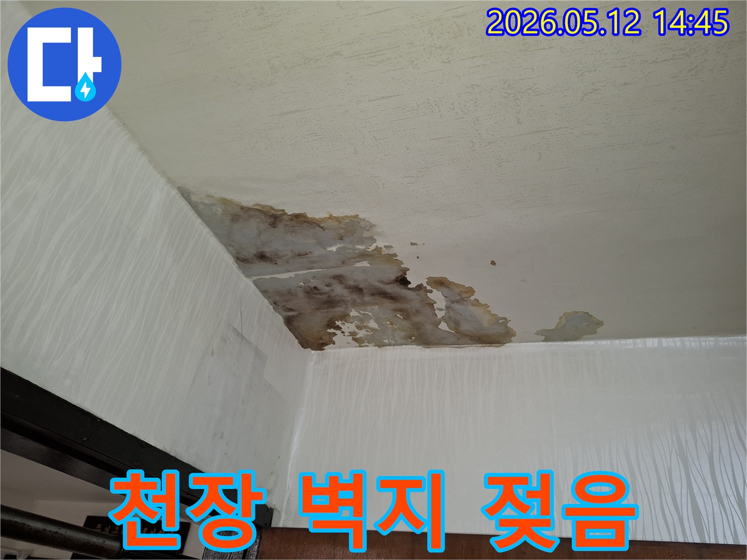 누수로 인해-천장 벽지가-젖어-색이 변하고-일부가-떨어져 나간-피해 상황을-묘사한-사진입니다