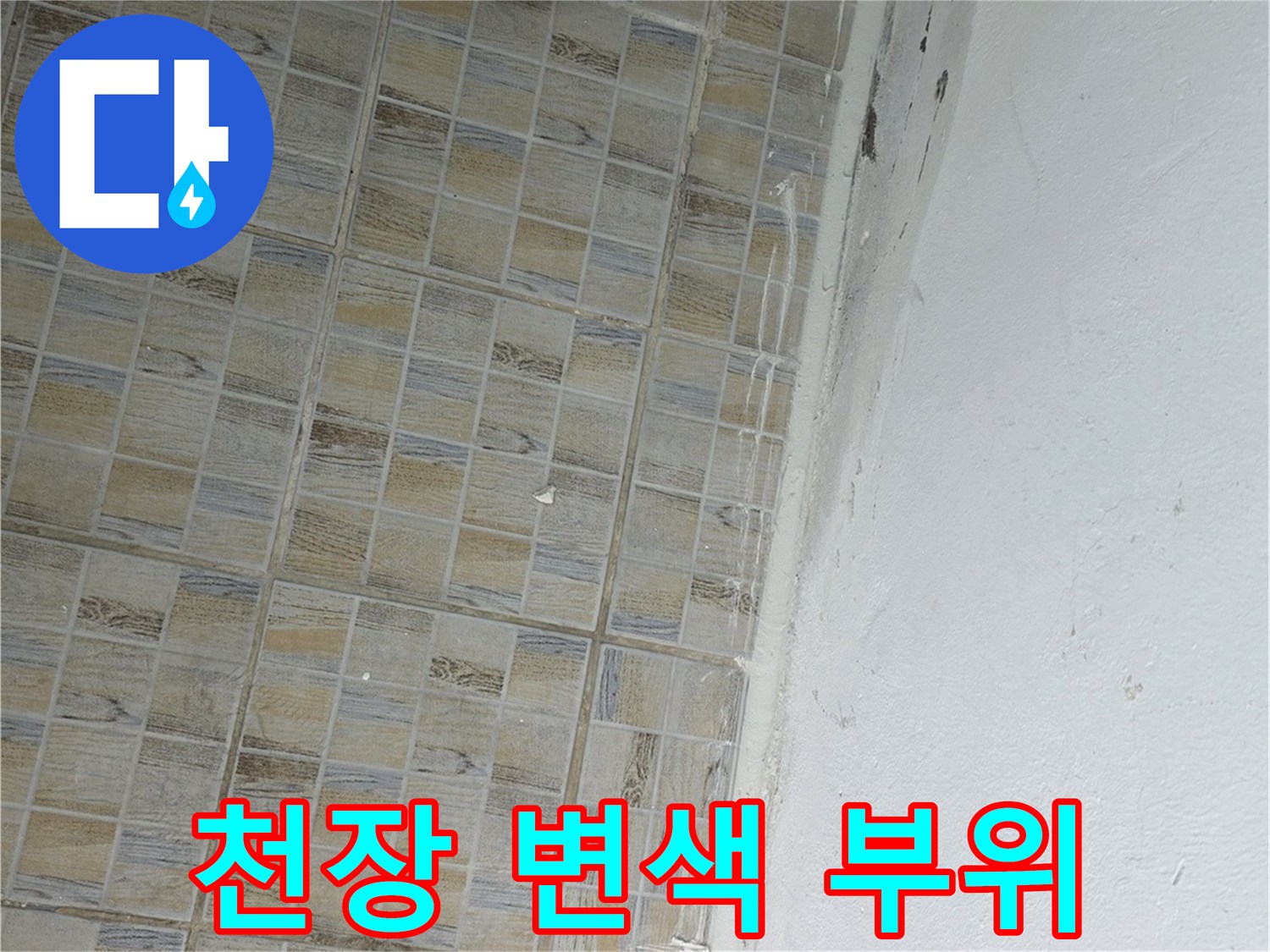 베란다 천장 가장자리-물샘으로 인해 어둡게 변한 부분