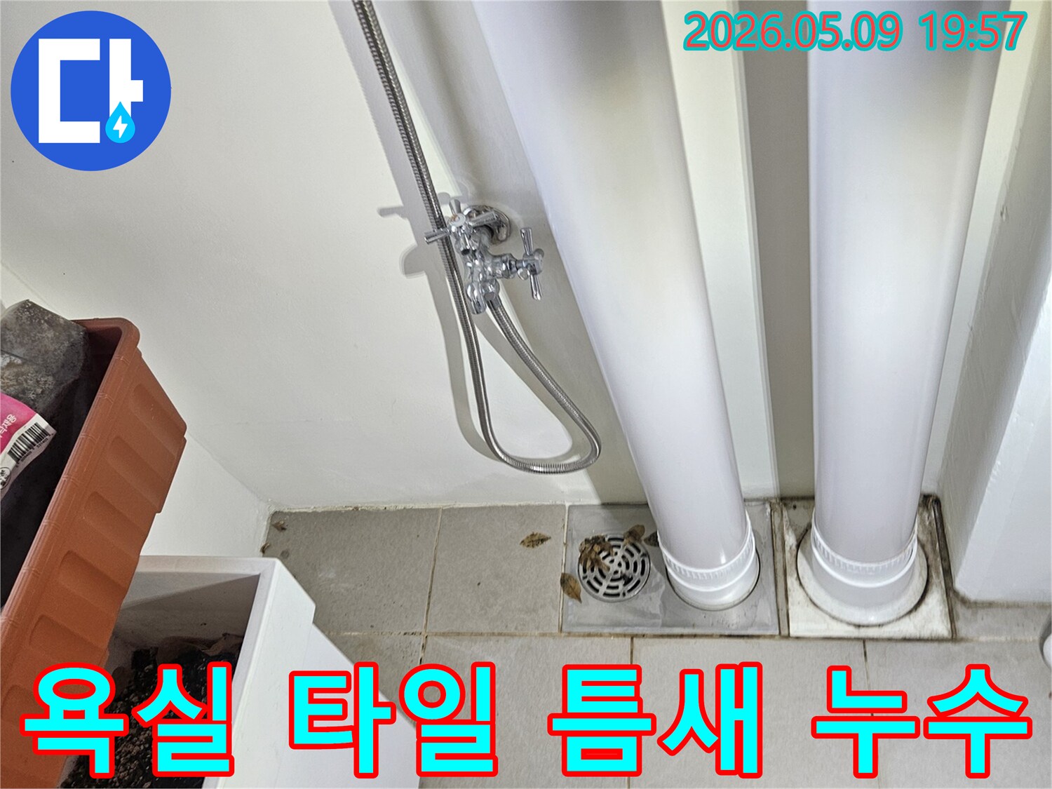 이 이미지는-욕실-바닥-타일과-벽면-타일의-틈새-그리고-배수구-주변을-보여주며-타일-사이의-누수-가능성을-점검하고-있습니다