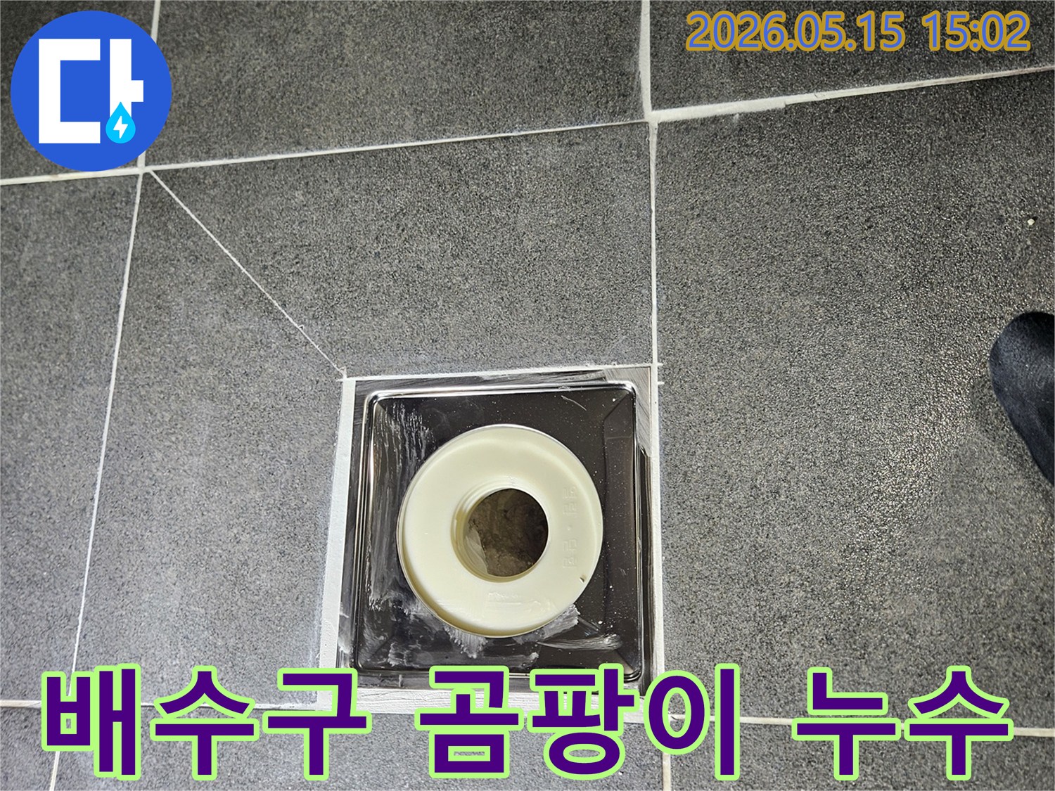 어두운 타일 바닥에 설치된-욕실 배수구 주변에서-곰팡이 발생과-누수 연관성을 확인하는 모습