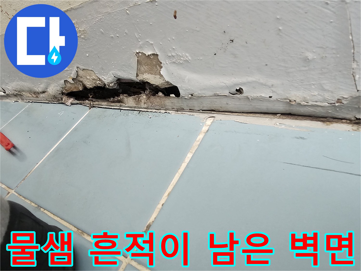 세탁실 하단 벽면의 균열과 도장재 탈락이 진행된 모습
