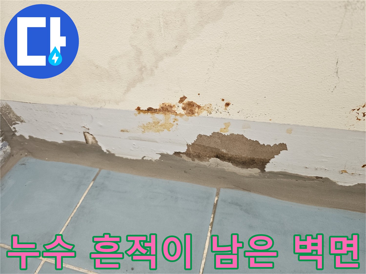 세탁실 하단부의 누수 얼룩과 벽면 탈락 부위