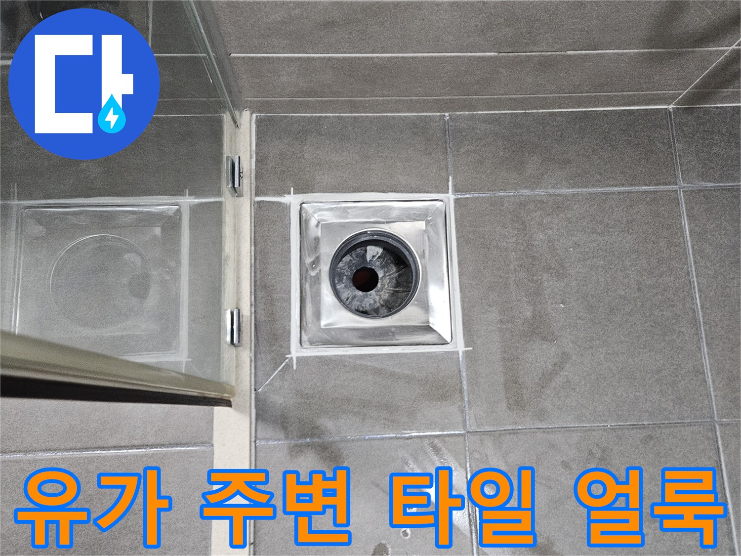 서산 성연면 화장실-배수구 유가 주변의 젖은 타일 표면