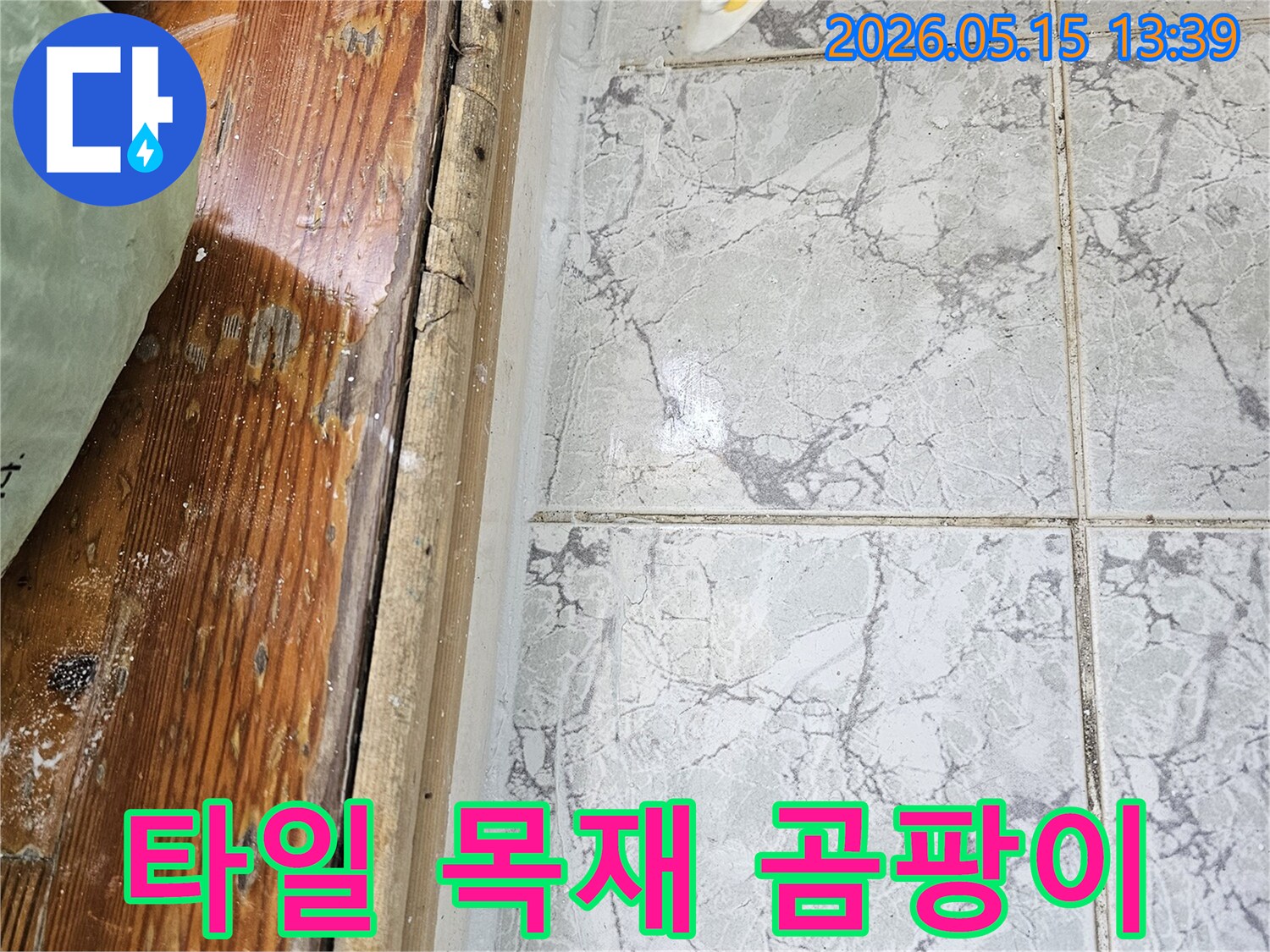 이 이미지는-의정부 신곡동 아파트에서 발생한-누수로 인해 타일과 목재 경계부에 곰팡이가 핀 모습을 보여줍니다