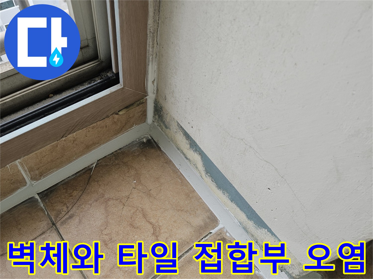물기가 스며들어 어둡게 변한 베란다 타일 및 벽면 경계