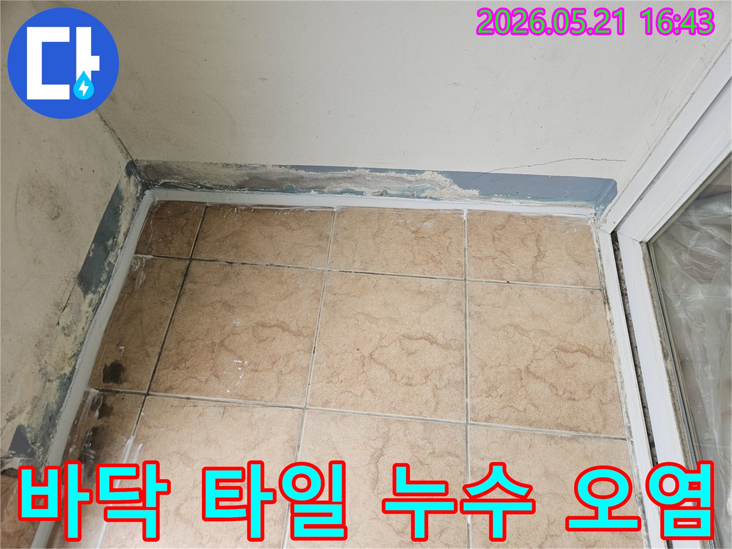 바닥 타일과 벽면 경계에서 누수가 발생하여 오염된 아파트 내부의 모습